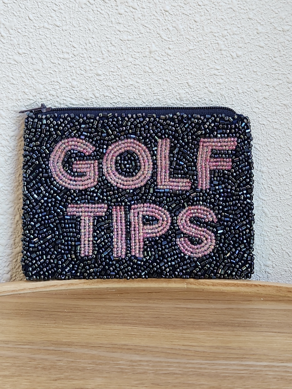 Tiana NY Beaded 'GOLF TIPS' Zip Pouch Coin Purse- Black with Pink Lettering